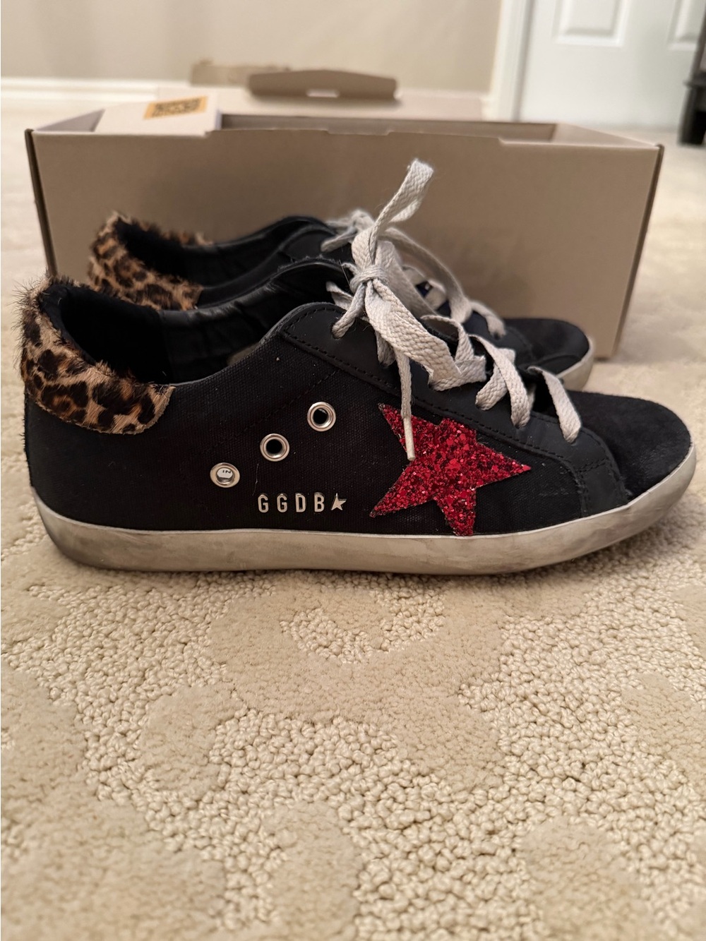 Golden Goose Superstar Black Sneakers with Red Glitter Star
